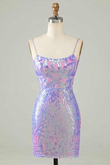 Sparkly Purple Sequin Backless Tight Short Ball Dress